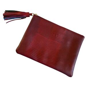 SK II Red Lizard Embossed Leather Clutch Bag Tassel Zip Pouch Cosmetic